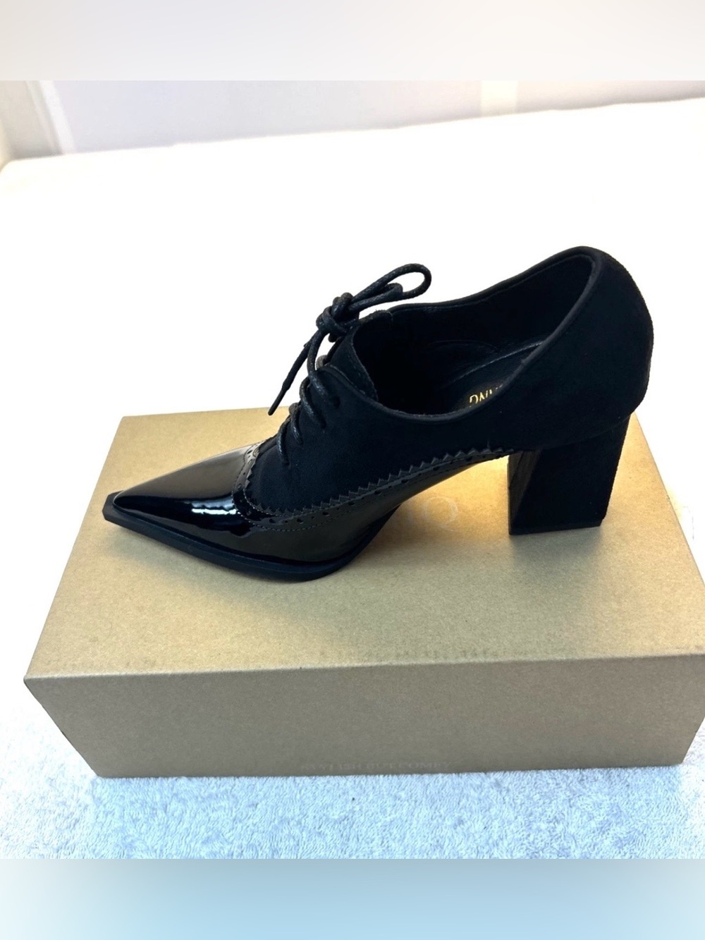 Black Lace-Up Pointed Block Heel Pumps - Picture 9 of 9